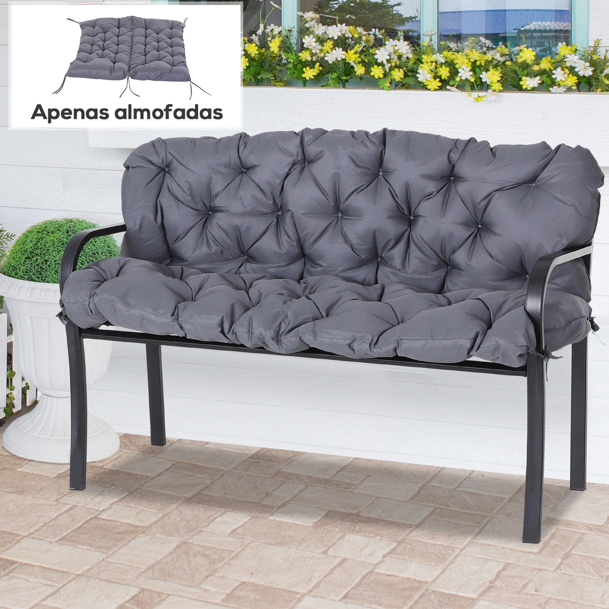 Almofada para Banco com Encosto 120x110x12cm Almofada de Banco de 2 Lugares com 6 Cordões de Fixação para Jardim Terraço Balcão Exterior Cinza — foto 2