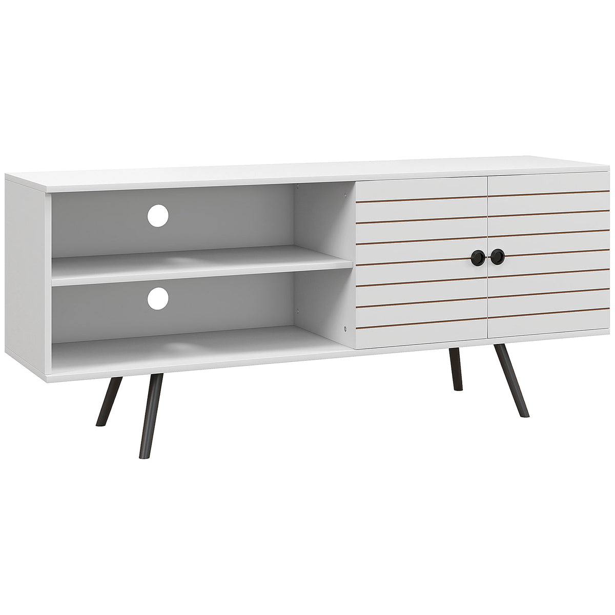 Móvel de TV para Televisores de até 65 Polegadas Móvel de TV para Sala com 2 Prateleiras Abertas 1 Armário com Portas e Orifícios para Cabos 145x38x65 cm Estilo Moderno Branco — foto 1