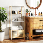Estante para Casa de Banho de Bambu com 3 Prateleiras Abertas Estante de Arrumação Casa de Banho com Portas Ripadas 63x30x138 cm Madeira e Branco — foto 2
