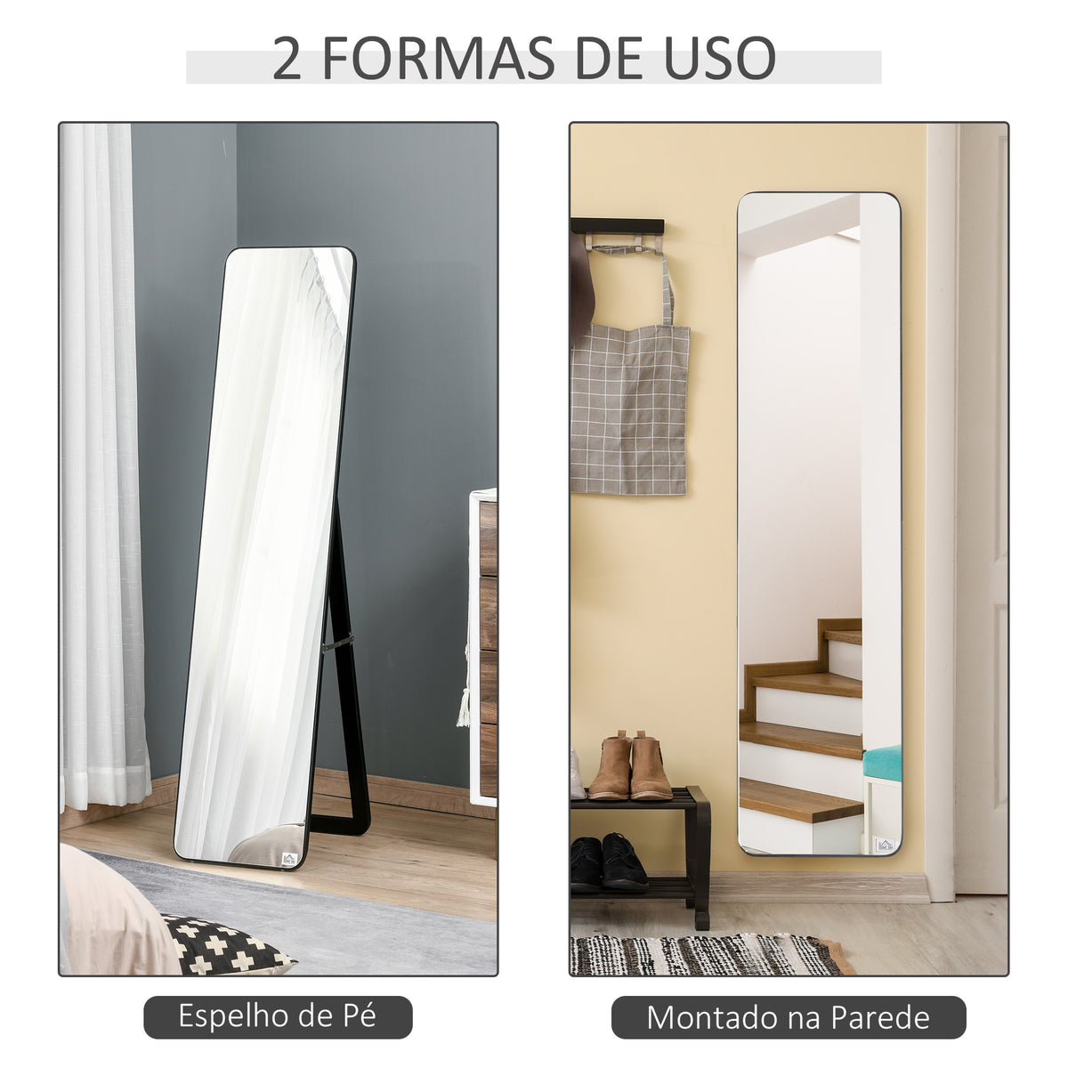 Espelho de Pé Espelho de Corpo Inteiro Retangular Espelho de Parede com 2 Formas de Uso Estrutura de Madeira de Pinho para Dormitórios Sala de Estar Corredor 37x43x156 cm Preto — foto 5
