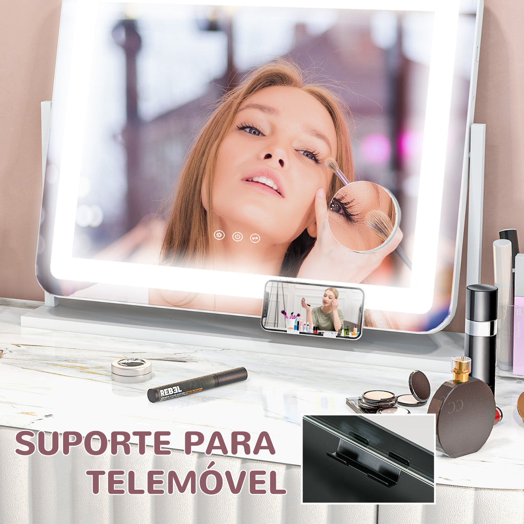 Espelho de Maquilhagem com Luzes Espelho de Toucador Giratório 58x46 cm com 3 Modos de Iluminação Interruptor Tátil Espelho de Maquilhagem com Suporte para Telemóvel e Entrada USB Branco — foto 4