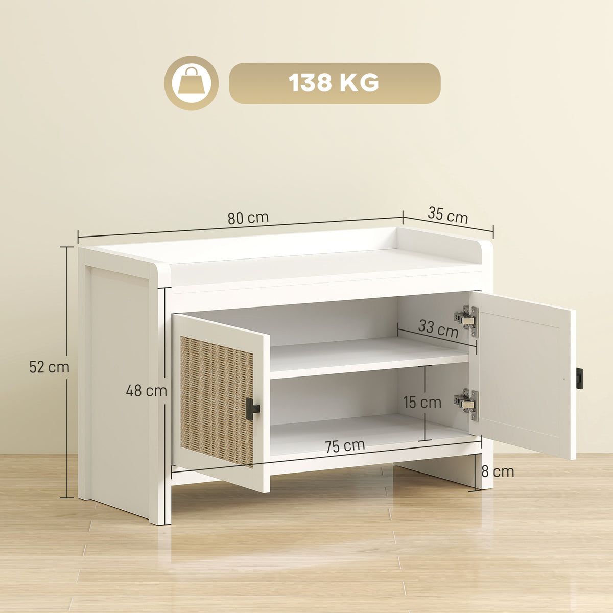 Banco Sapateira Móvel Sapateira Banco de Entrada com Portas Frentes de Vime Prateleira para 8 Pares de Sapatos para Entrada Dormitório 80x35x52 cm Branco — foto 3