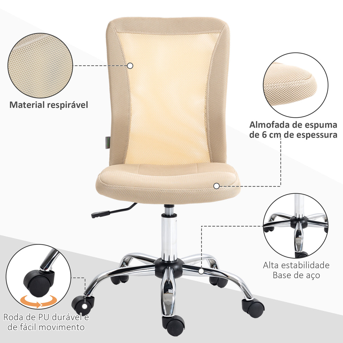 Cadeira de Escritório de Malha Cadeira de Escritório Giratória sem Apoio para os Braços com Altura Ajustável Carga Máxima 100 kg para Escritório Dormitório 43x56x90-100 cm Bege — foto 4