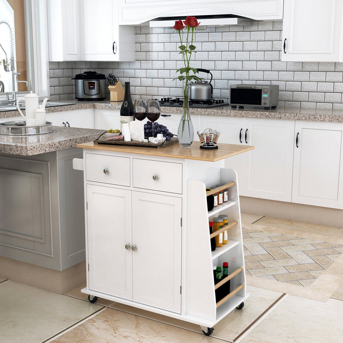 Carrinho de Cozinha Auxiliar com Rodas Carrinho de Cozinha com 2 Gavetas Armário de Armazenamento Prateleira Interior Ajustável 3 Suportes para Temperos e Barra de Pendurar 89x45x89,5cm Branco — foto 2