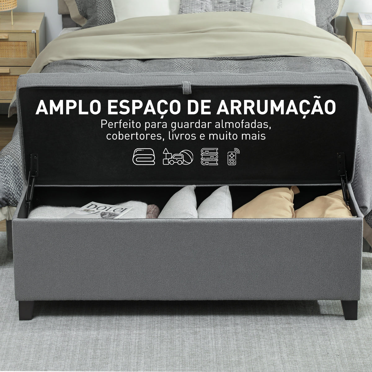 Puff de Armazenamento Banco 112L Estofado em Linho com 2 Dobradiças de Segurança Tampa Rebatível e Assento com Capitonê para Quarto Sala de Estar Entrada Carga 120 kg 120x40x48 cm Cinza Escuro — foto 4