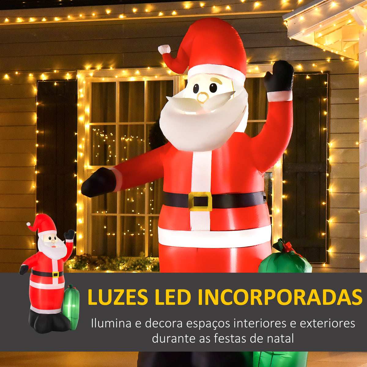 Pai Natal Insuflável com Saco de Presentes 3 Luzes LED IP44 e Inflador Elétrico Decoração de Natal para Interiores e Exteriores 148x85x240cm Vermelho e Verde — foto 4