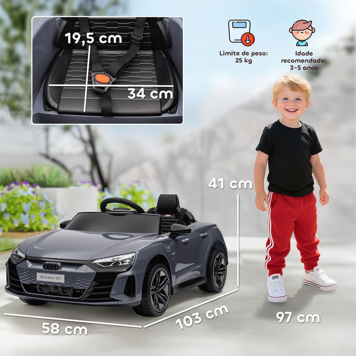 Carro Elétrico AUDI RS E-Tron GT para Crianças de 3-6 Anos Carro de Bateria 12V com 2 Motores Controlo Remoto Faróis LED Buzina Música USB e Abertura de Porta 3-5km/h 103x58x41 cm Cinzento — foto 3