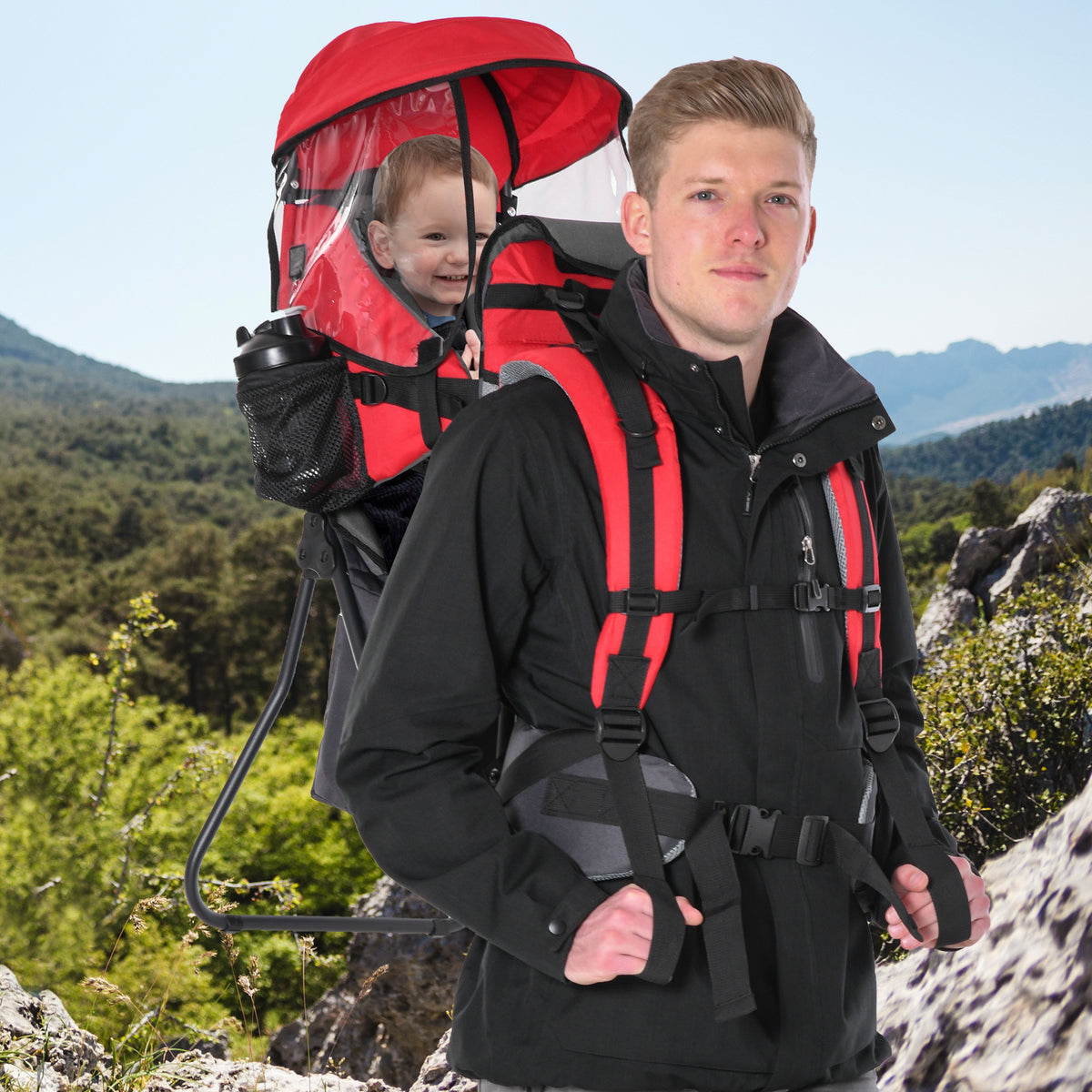Mochila Porta Bebés Dobrável Mochila Porta Bebés Ergonómica com Capa Impermeável Base de Suporte e Múltiplos Bolsos para 6-36 Meses Carga Máxima 15kg 38x77x87,5cm Vermelho — foto 2
