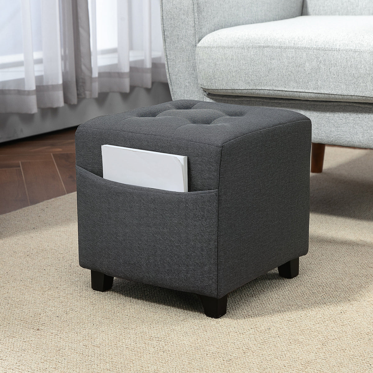 Apoio para os Pés Sala de Estar Banco Estofado em Linho com Bolso Lateral Tampa com Botões Acolchoados e Estrutura de Madeira para Sala de Estar Dormitório 35x35x35 cm Cinzento — foto 2