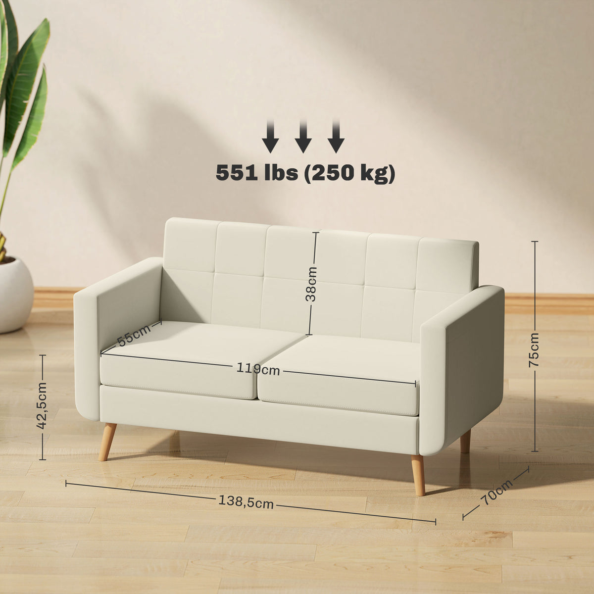 Sofá de 2 Lugares Sofá Estofado em Linho Sintético Sofá Sala de Estar com Apoio para os Braços e Pés de Madeira Sofá Pequeno Carga 250 kg 138,5x70x75 cm Creme — foto 3