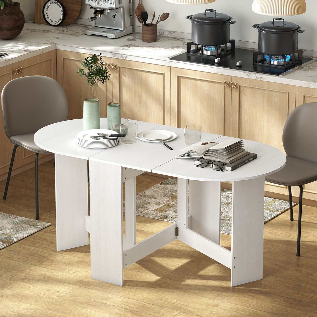 Mesa de Cozinha Dobrável Mesa de Jantar Dobrável Ovalada com Laterais Abatíveis Estilo Moderno 163x80x75 cm Branco — foto 2
