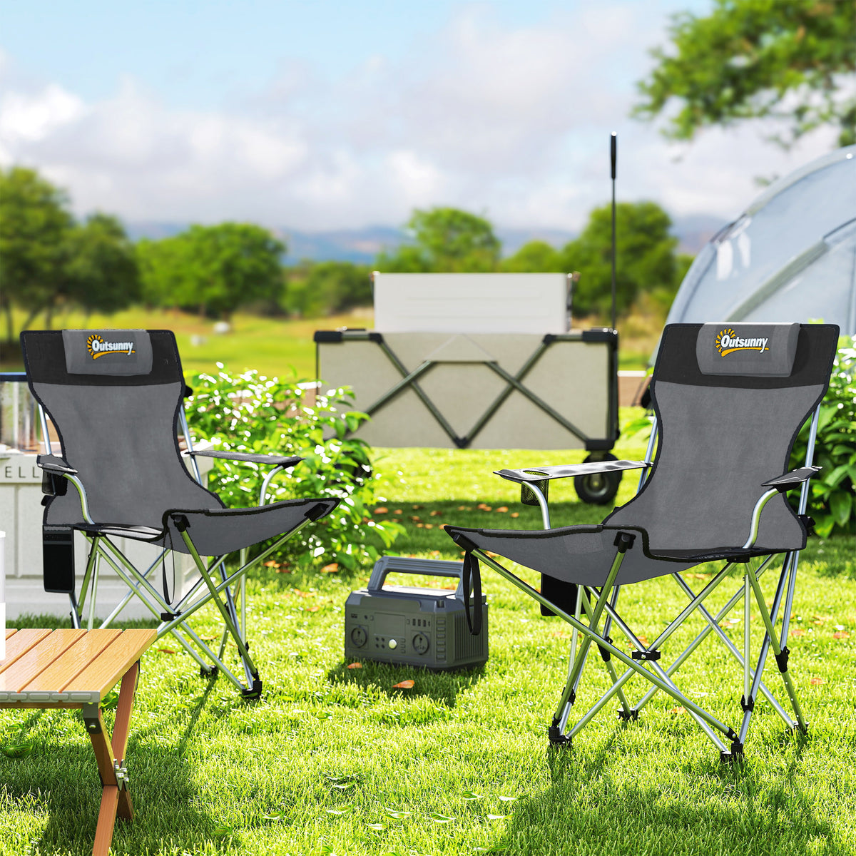 Conjunto de 2 Cadeiras Dobráveis Campismo Portáteis com Apoio para os Pés Desmontável Apoio para a Cabeça Porta-Copos e Bolsa Lateral Carga 120 kg para Jardim Praia Pesca 50-100x82x88 cm Cinza e Preto — foto 2