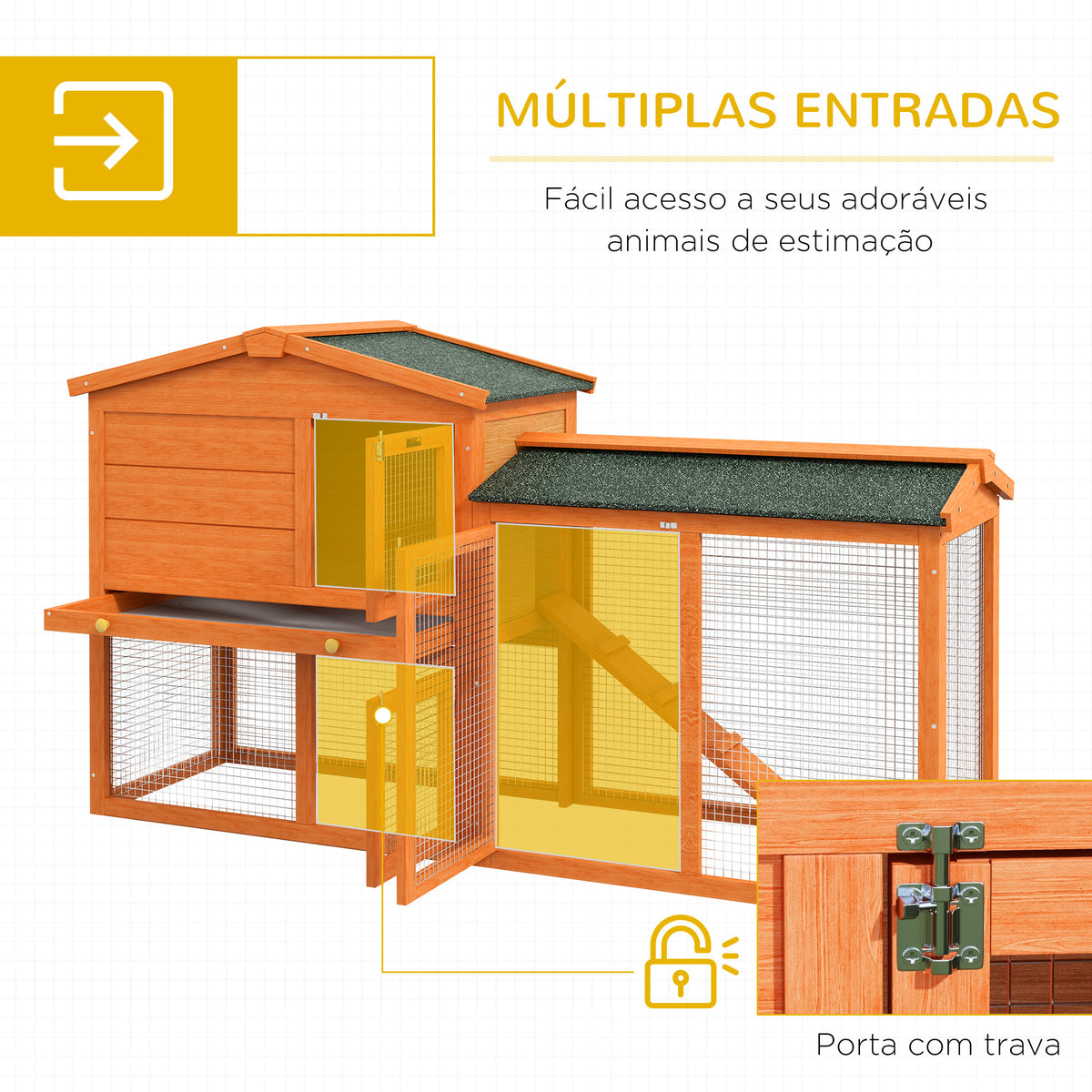 Coelheira de Madeira de 2 Níveis, Jaula Grande para Coelhos com Telhado Asfáltico, Bandeja Removível e Rampa, Coelheira para Exterior, para Porquinhos-da-Índia e Hamsters, 150x45x85 cm, Laranja — foto 5