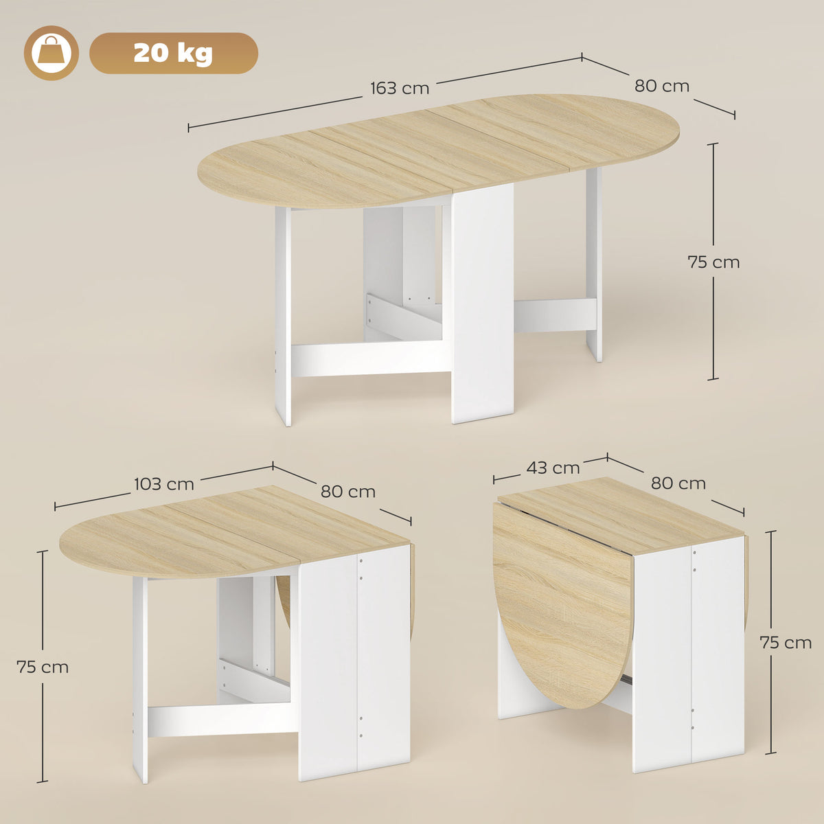 Mesa de Cozinha Dobrável Mesa de Jantar Dobrável Ovalada com Laterais Abatíveis Estilo Moderno 163x80x75 cm Madeira — foto 3