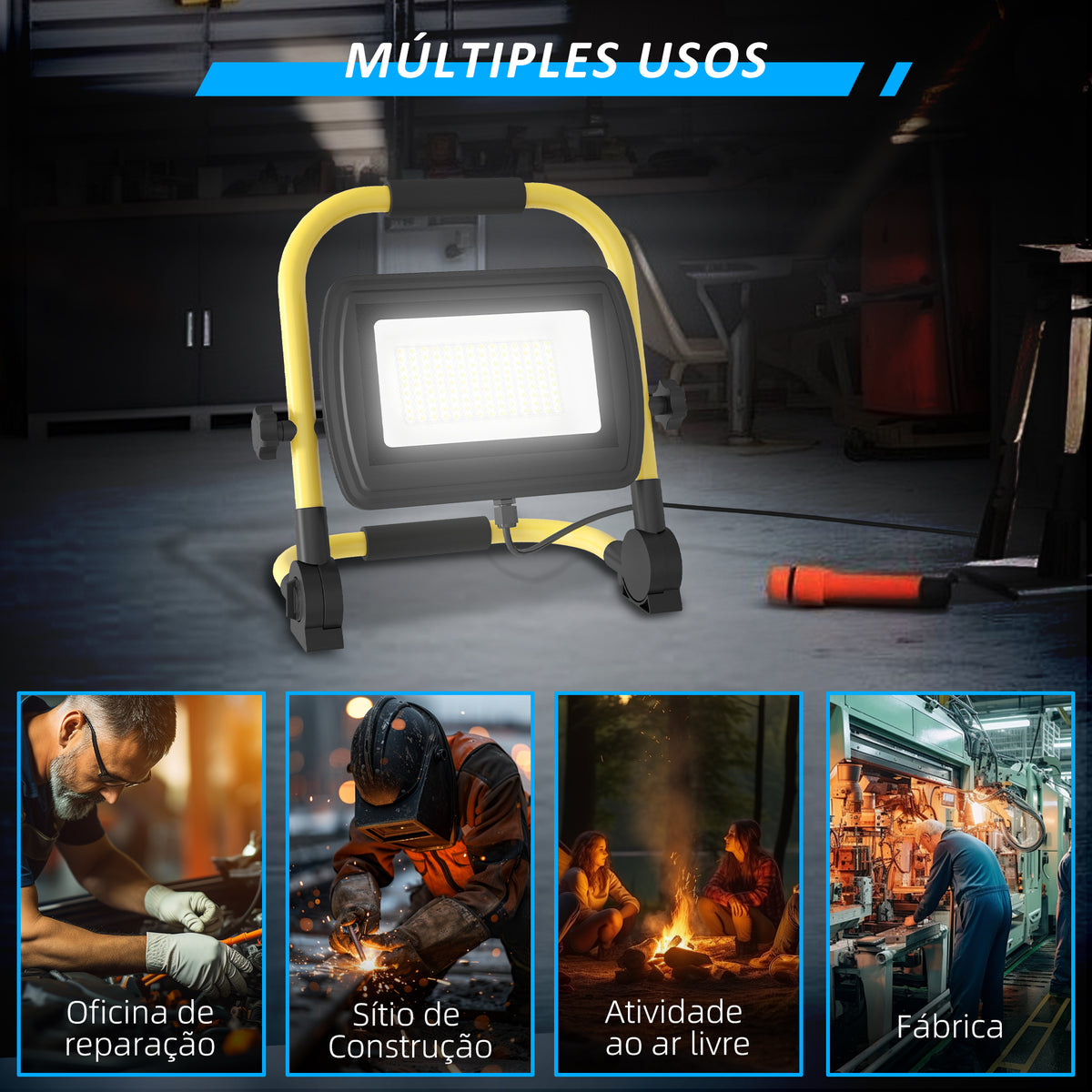 Preojetor LED Recarregável com Cabeças e Suporte Ajustáveis 50W 4250 Lúmenes IP65 6500K Reflector LED Resistente à Intemperie Portátil com Pega para Interior e Exterior Amarelo e Preto — foto 6