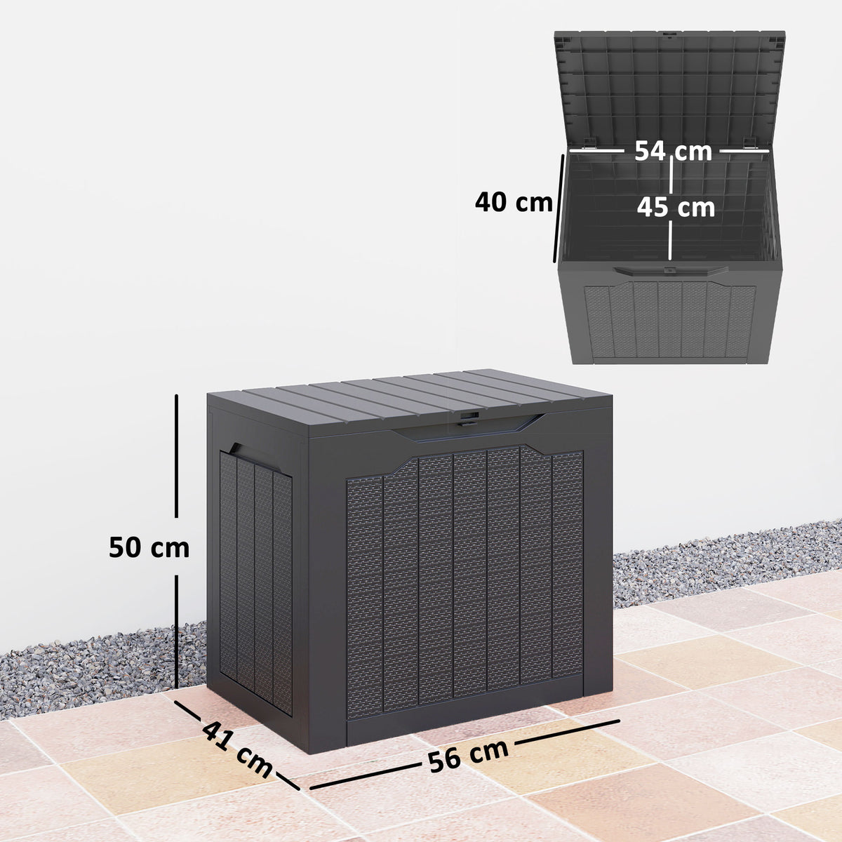 Baú de Armazenamento Exterior 93L Caixa de Armazenamento de Jardim Pequeno de Plástico Impermeável com 2 Alças Integradas e Suporte para Cadeado 56x41x50 cm Preto — foto 3