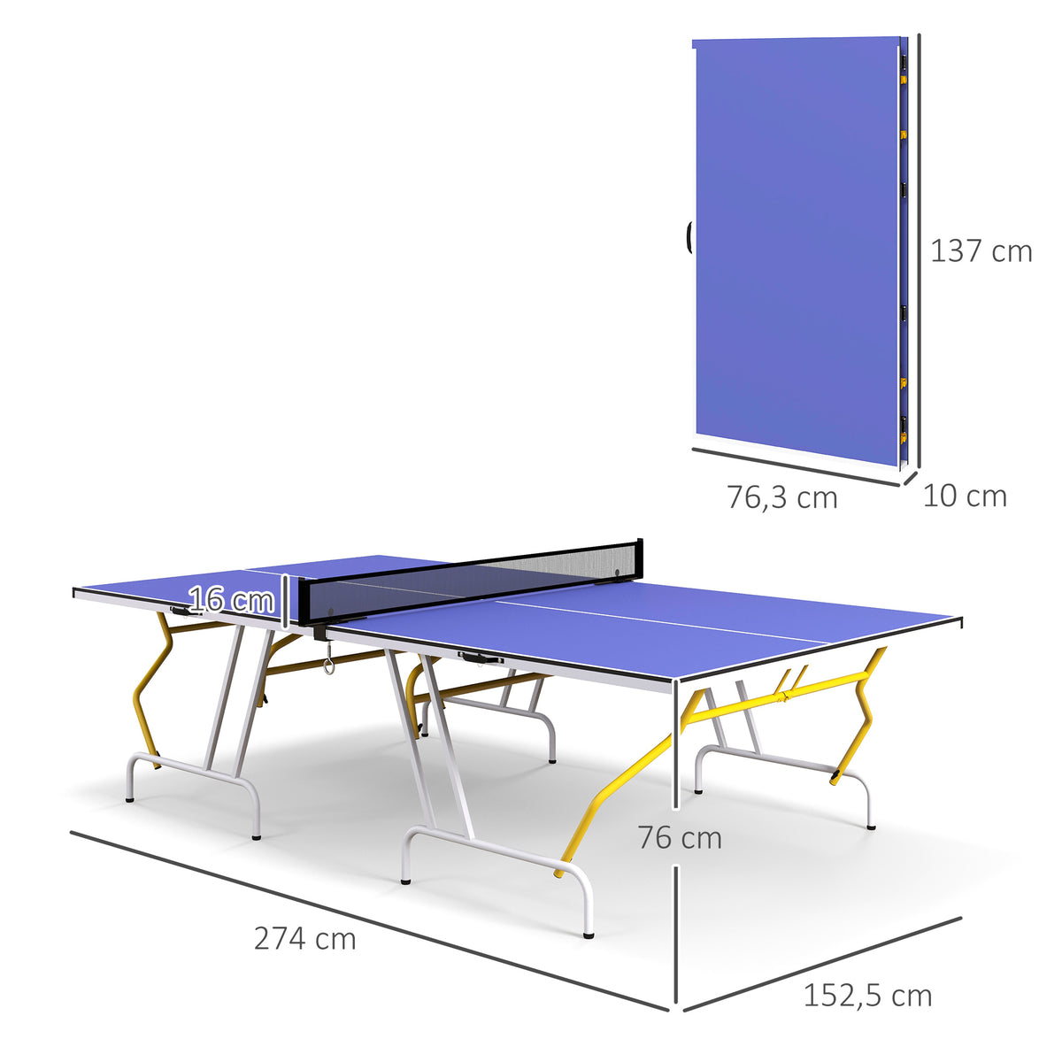 Mesa de Ping-Pong Dobrável Mesa de Ping-Pong Compacta com Rede Apoio para os Pés Ajustáveis e Estrutura de Aço para Interior e Exterior 274x152,5x76 cm Azul — foto 3