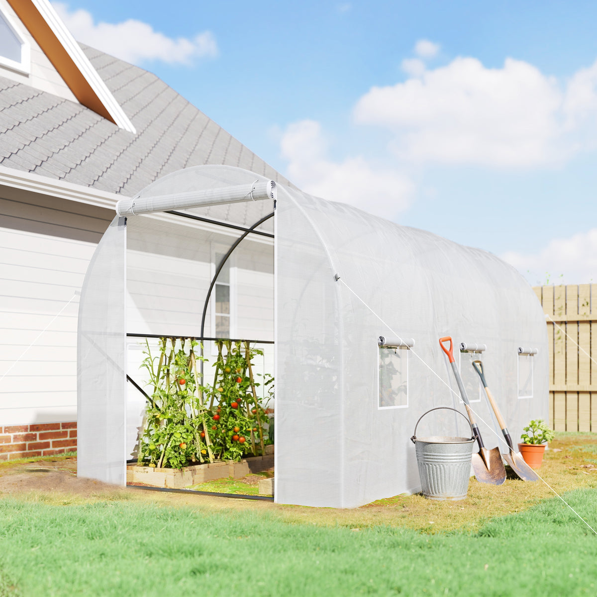 Estufa de Jardim 350x200x200 cm Estufa de Túnel com Porta Enrolável e 6 Janelas Cobertura de PE 140 g/m² Estrutura de Metal para Cultivo de Plantas Verduras Branco — foto 2