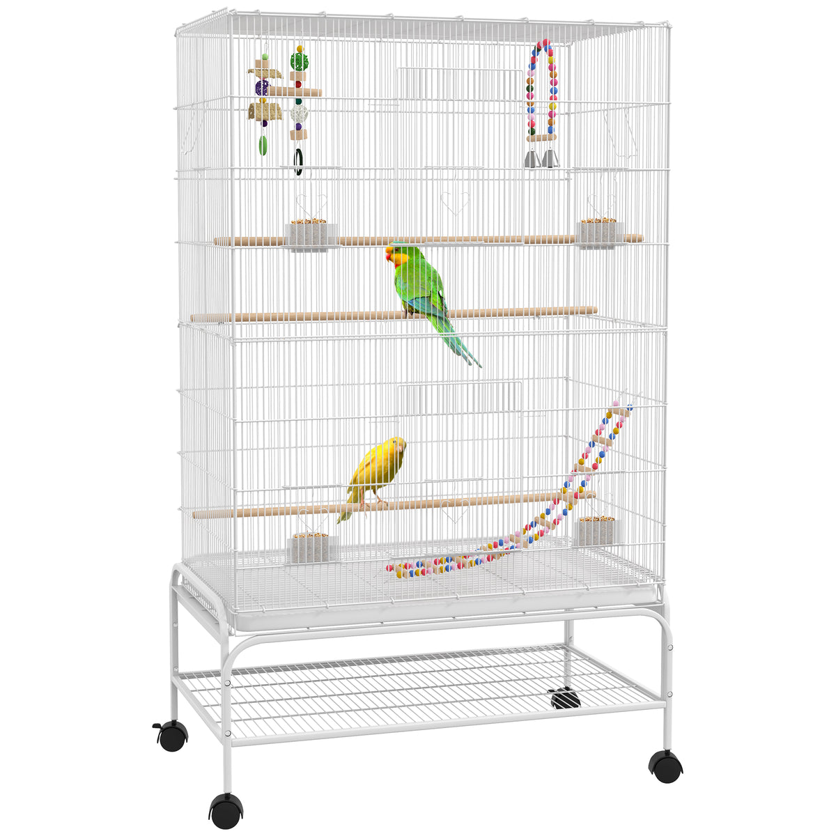 Gaiola para Pássaros com Rodas 79x49x133 cm Gaiola Metálica Grande com Suporte 4 Comedouros 3 Poleiros Brinquedos Bandeja Amovível e Prateleira para Canários Periquitos Branco — foto 1