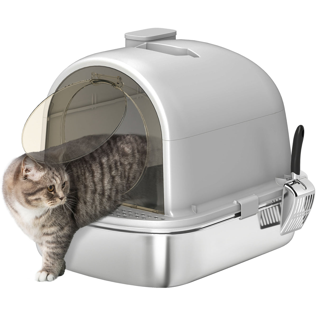 Caixa de Areia para Gatos em Aço Inoxidável com Tampa Caixa de Areia com Bolsa Desodorizante e Pá Fácil de Limpar 52,4x41,3x39,9 cm Cinzento — foto 1