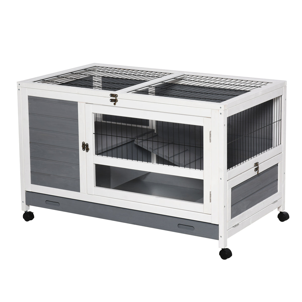 Coelheira de madeira para animais de estimação pequenos 2 andares com rampa rodas bandeja removível 102x60x63,5 cm cinza branco — foto 1