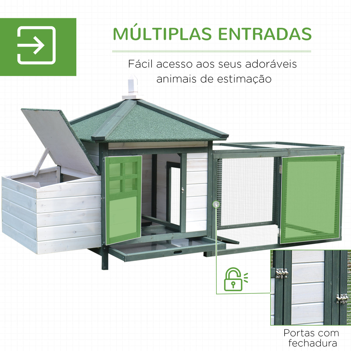 Galinheiro de Madeira de Abeto para Galinhas de Exterior com Caixa Ninho Bandeja Removível e Espaço para Correr 196x76x97 cm Verde — foto 5