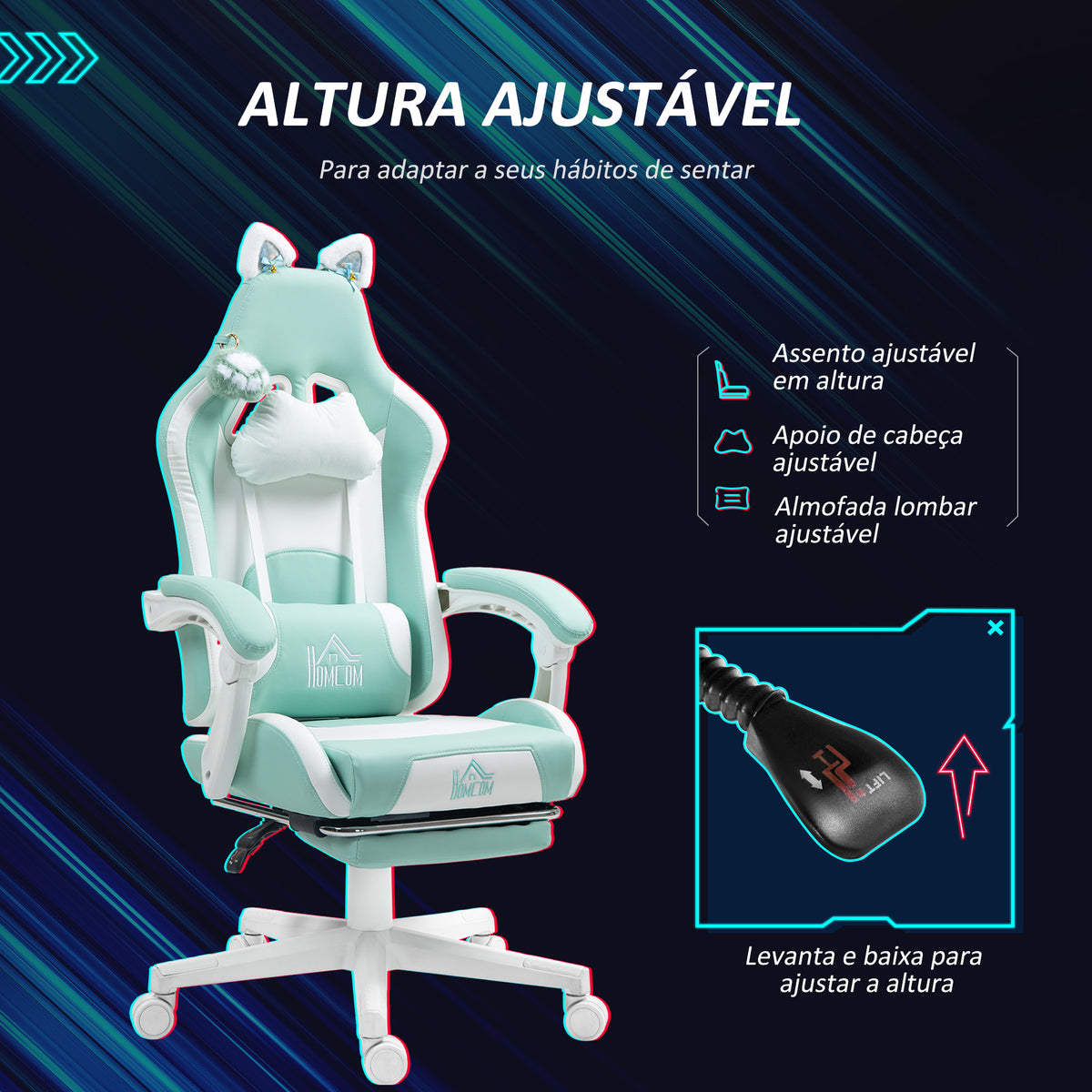 Cadeira Gaming com Orelhas Cadeira Gamer Reclinável com Altura Ajustável Apoio para os Pés Retrátil Suporte Lombar e Apoio para a Cabeça Desmontável Cadeira para Escritório 65x62x116-124 cm Azul — foto 5