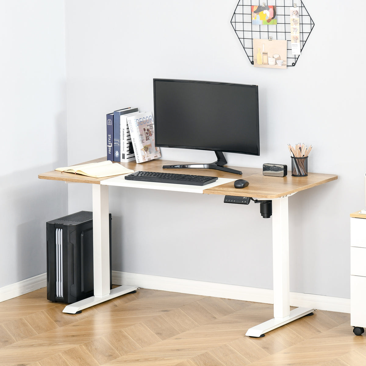 Secretária Elétrica de Pé com Ajuste Elétrico de Altura e 4 Teclas de Memória para Casa Escritório 140x70x72-116 cm Branco e Natural — foto 2