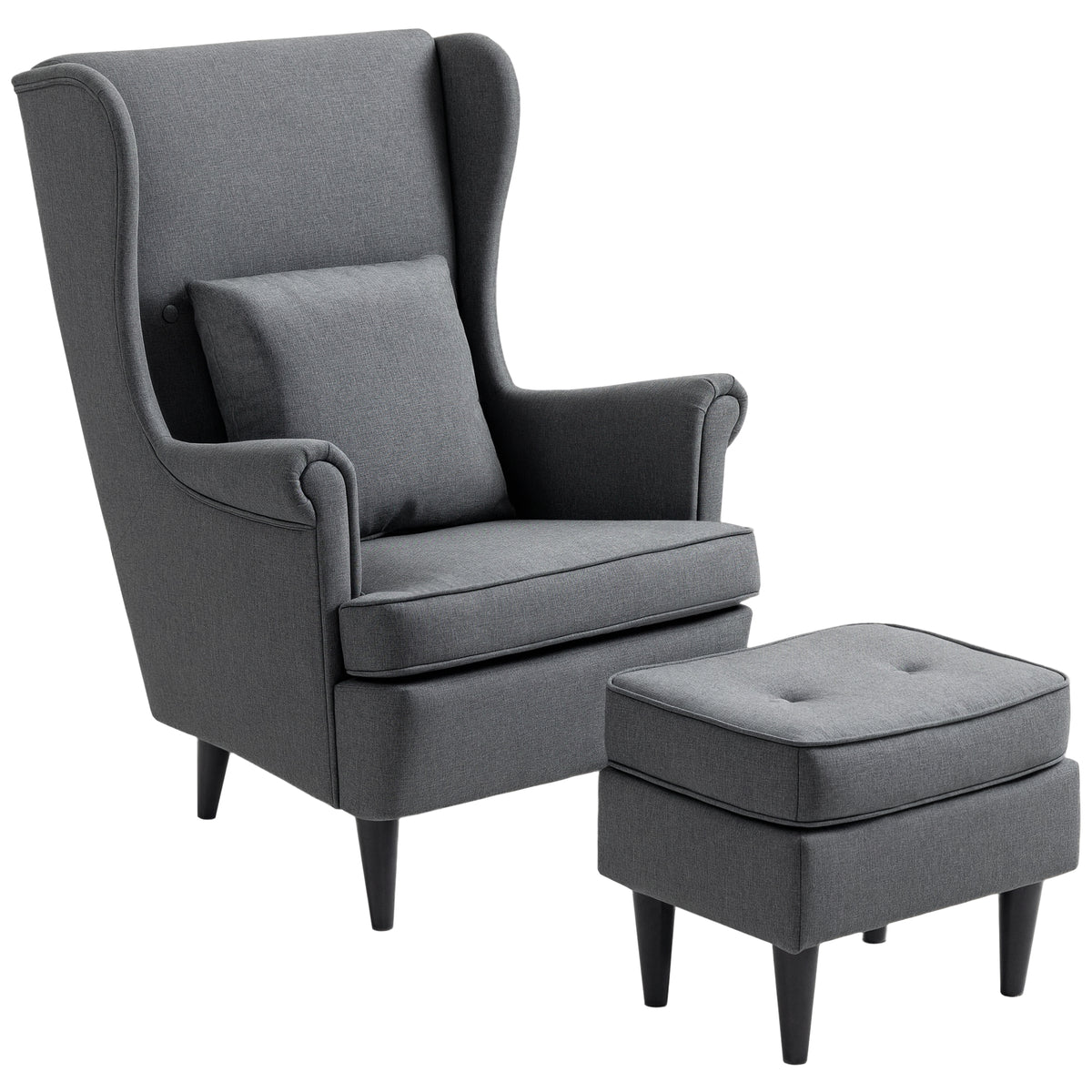 Poltrona com Apoio para Pés Poltrona de Leitura com Encosto Alto Capitonê Pés de Madeira Almofada Acolchoada e Revestimento em Linho Poltrona para Sala Quarto Escritório 75x83x104 cm Cinzento Escuro — foto 1