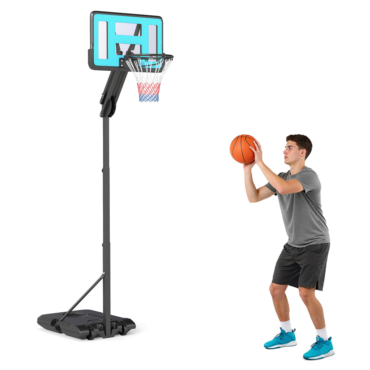 Cesto de Basquetebol para Exterior, Altura Ajustável 146-236 cm, Cesto Portátil com Rodas, 2 Ajustes de Altura, Base Preenchível para Adolescentes e Adultos, Uso Interior e Exterior — foto 1