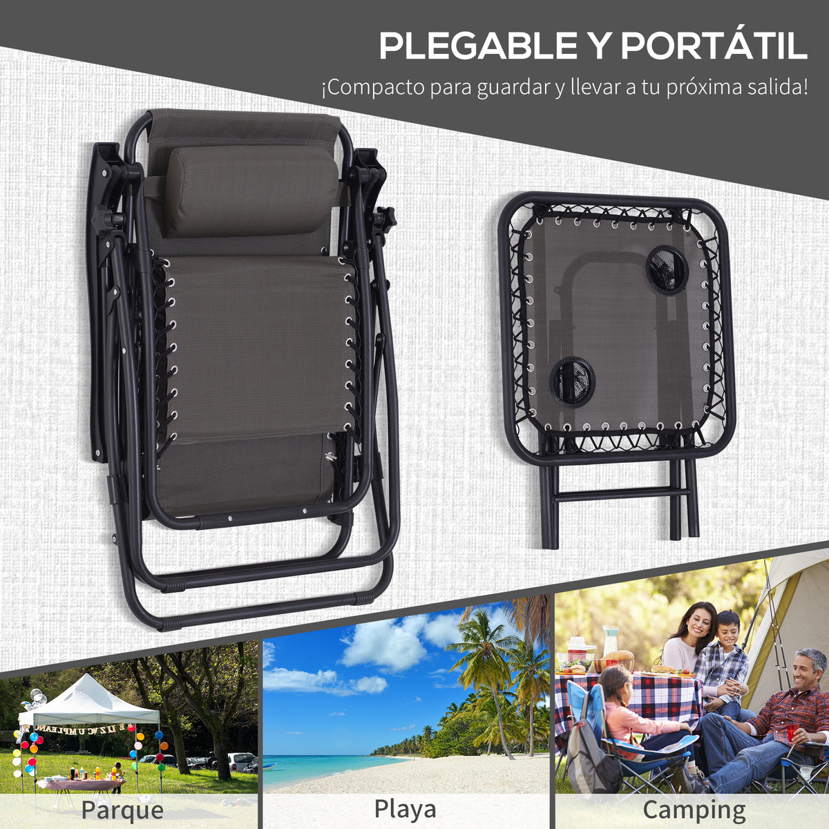 Conjunto de 1 Mesa e 2 Espreguiçadeiras Conjunto de Exterior Dobrável e Portátil para Jardim Praia Relaxante com Encosto Reclinável Textilene Aço Cinza — foto 6