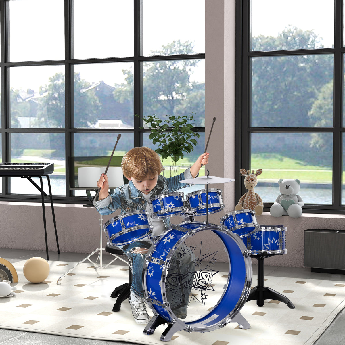 Bateria Infantil com Banco Bateria para Crianças acima de 3 Anos com Tambores Pedal e Baqueta Desenho com Tema de Estrelas 65x22x57 cm Azul — foto 2