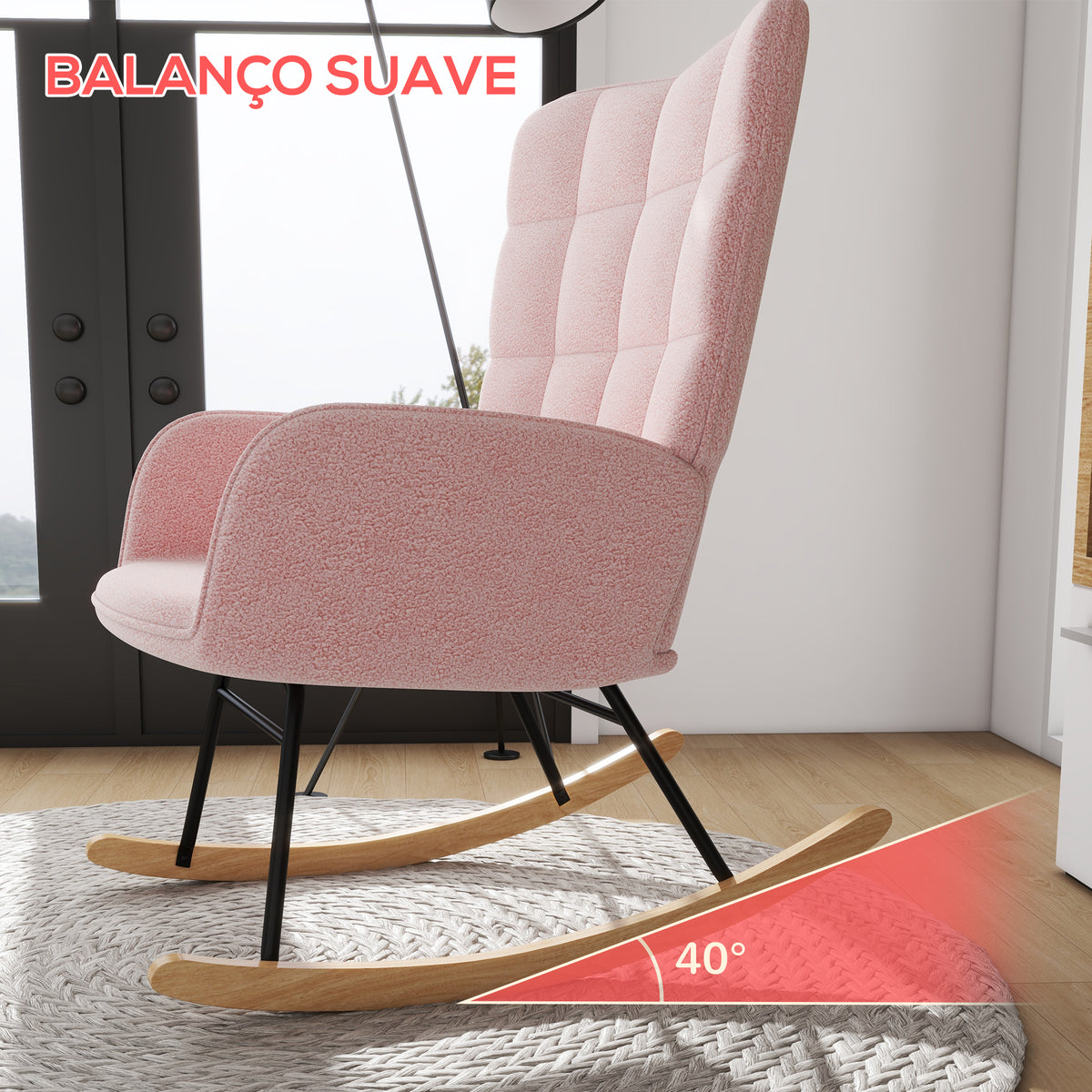 Poltrona Baloiço em Borrego Poltrona de Sala de Estar Oscilação de 40° com Pés de Madeira de Faia e Estrutura de Aço para Dormitório Carga Máxima 120 kg 71x98x101 cm Rosa — foto 4