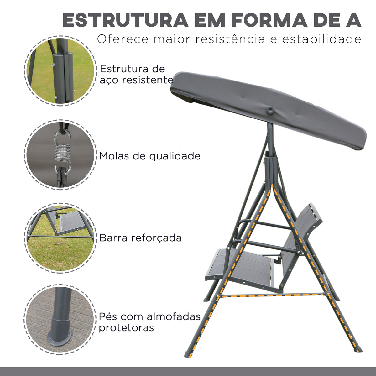 Baloiço de Jardim Exterior de 3 Lugares com Toldo Reclinável, Baloiço de Jardim com Encosto Respirável e Estrutura de Aço, para Terraço e Varanda, 175x118x159 cm, Cinzento — foto 4