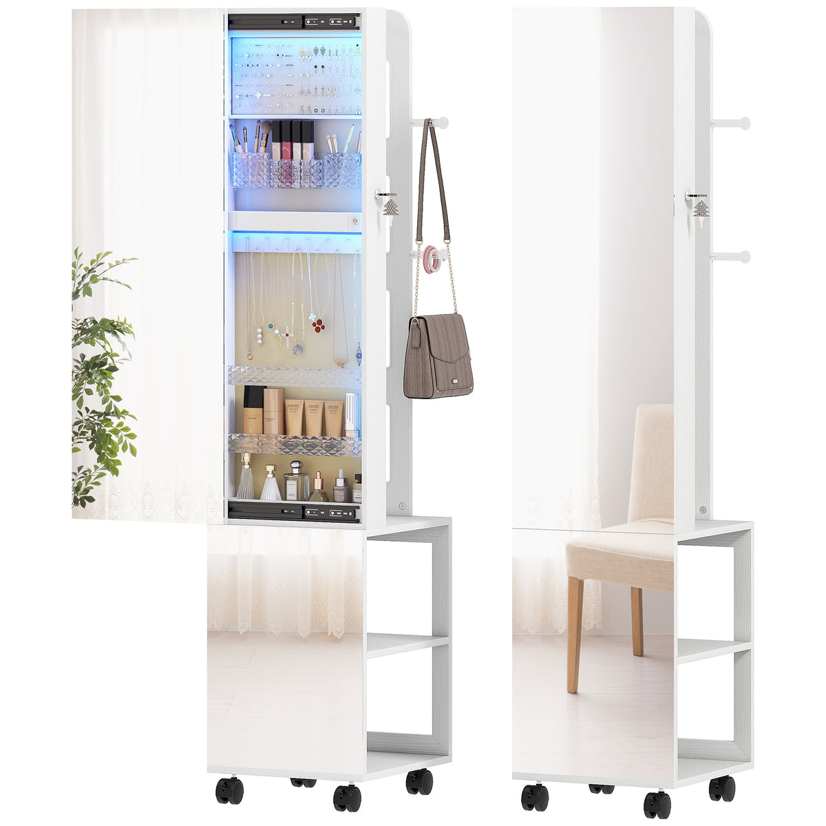 Espelho com Arrumação para Joias Luzes LED Armário para Joias com Rotação de 360° Espelho Fecho com Chave Compartimentos Superfície Branca e Forro 37x40x165,5 cm Branco — foto 1