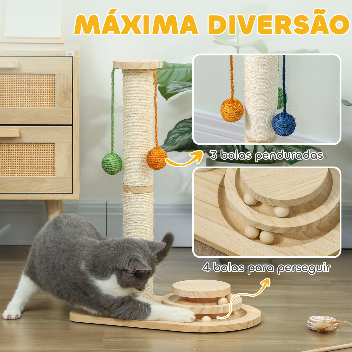 Poste Arranhador para Gatos Altura 56,5 cm Arranhador para Gatos com 3 Bolas Suspensas Brinquedo de Bola de Pista e Poste de Sisal Madeira — foto 4