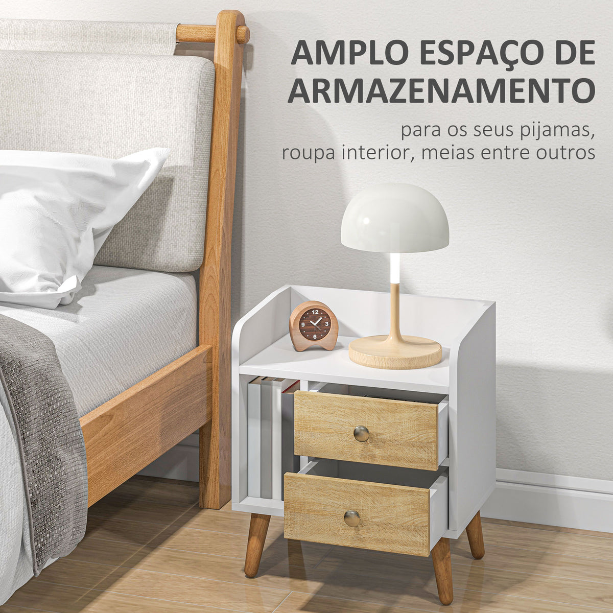 Mesa de Cabeceira Mesa de Cabeceira com 2 Gavetas Grandes 1 Prateleira Aberta e Pés Elevados Estilo Nórdico para Sala de Estar Dormitório 43x30x49 cm Branco e Madeira — foto 4