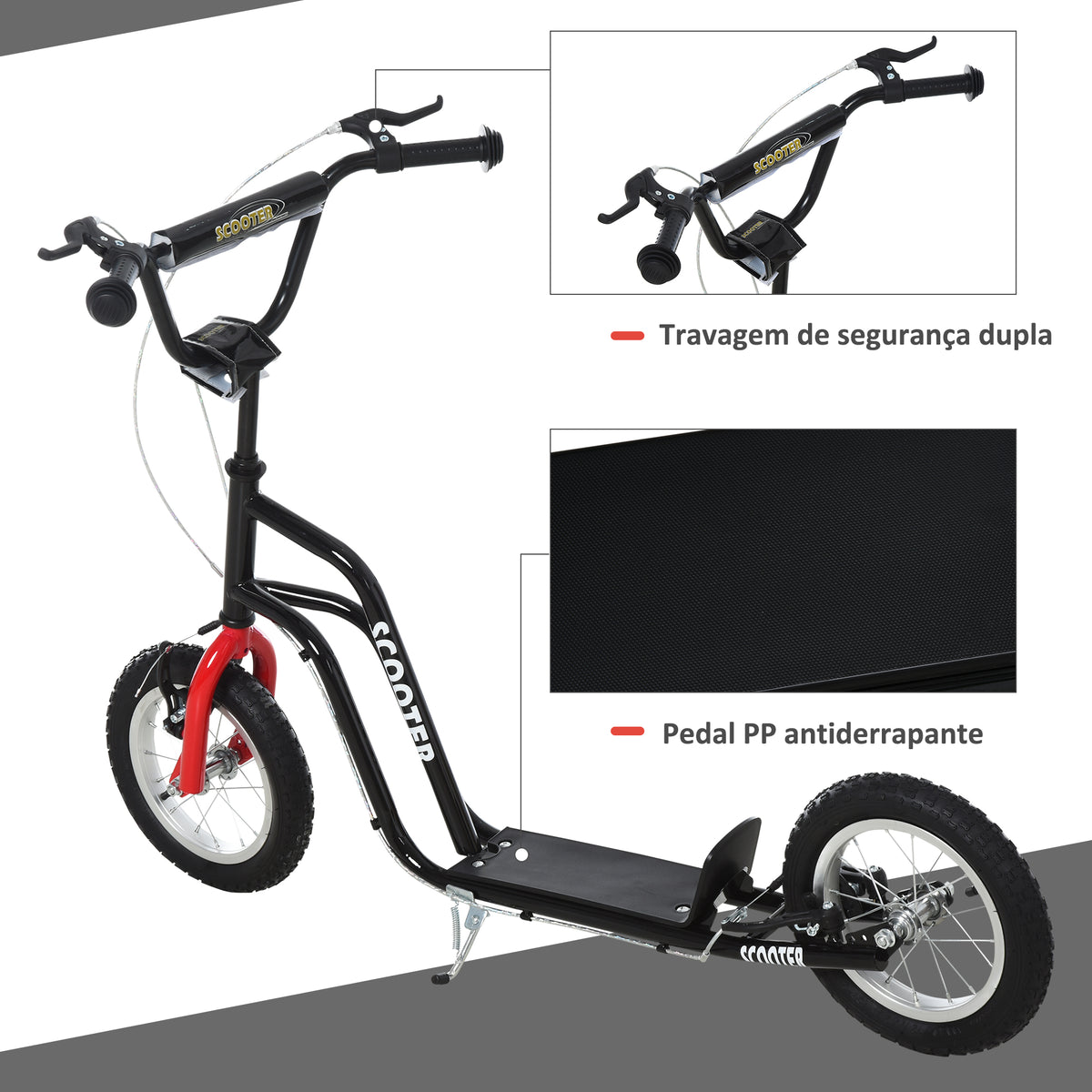 Trotinete para Crianças acima de 5 Anos Trotinete Infantil com Guiador Ajustável em Altura Travão Duplo e Estrutura de Aço Carga 100 kg para Adolescentes 120x58x75-80 cm Preto — foto 4
