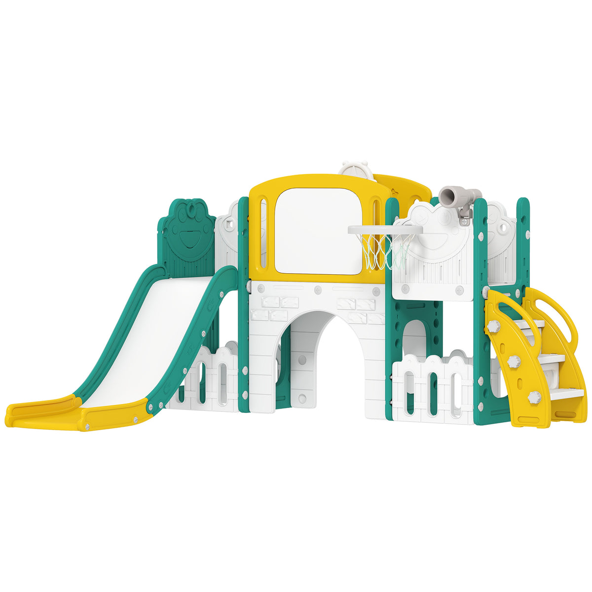 Conjunto de escorregador 7 em 1 para crianças pequenas, cesto de basquete, tema sapo, estrutura de escalada, assento de balanço, para dentro e fora de casa, Amarelo+Verde — foto 1