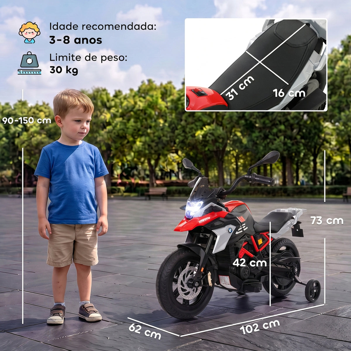 Mota Elétrica Infantil BMW G310 GS 12 V com 2 Rodas Auxiliares e Arranque Suave, 3-6 km/h, Vermelho — foto 2