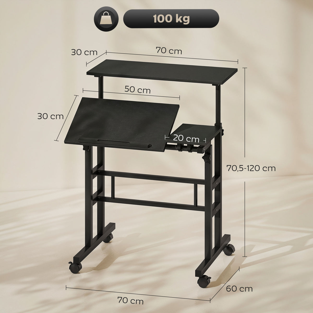 Mesa Sentar e Levantar Mesa Regulável em Altura 70x60 cm com Rodízios e Tampo Inclinável Estrutura em Metal Preto — foto 2