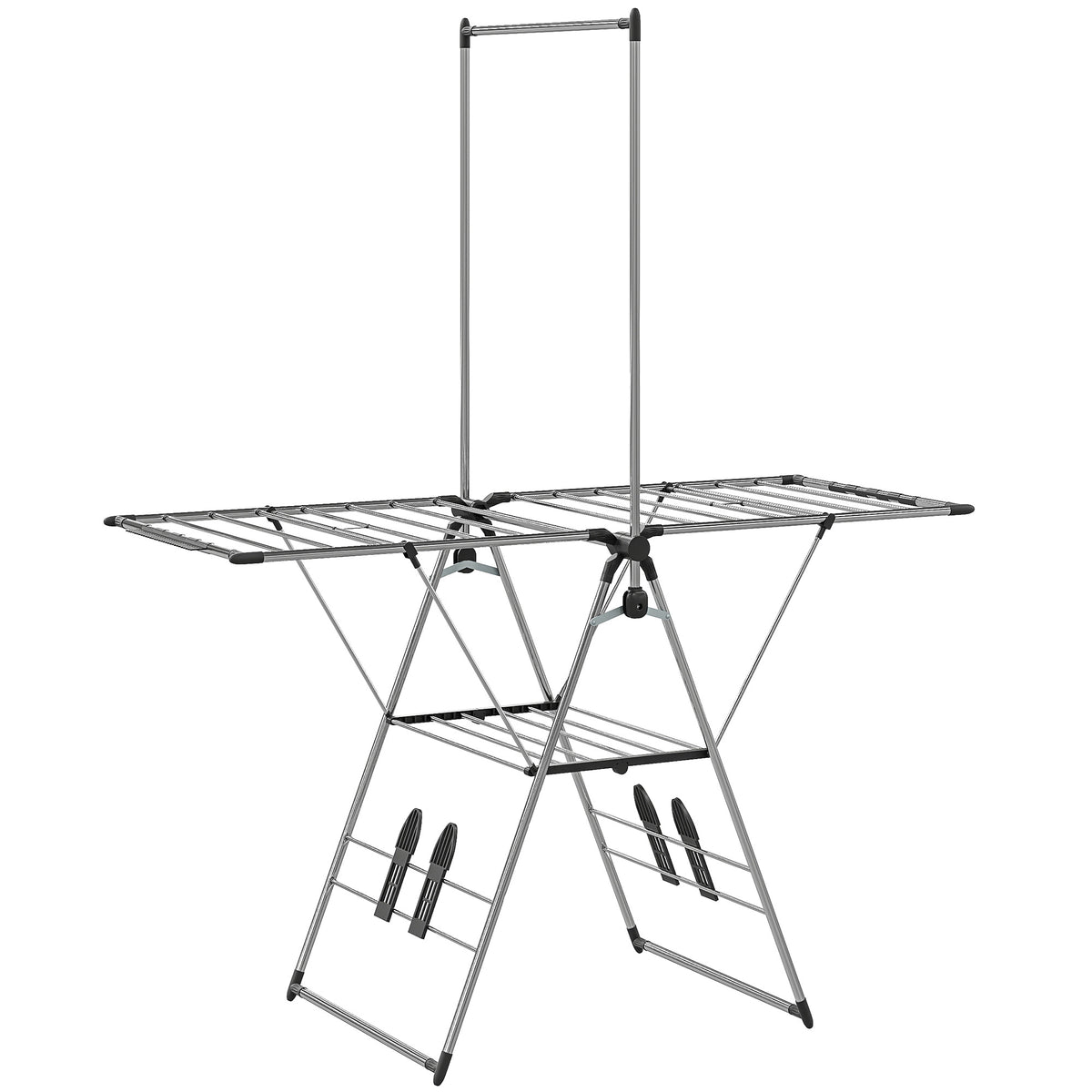 Estendal dobrável de chão com asas ajustáveis, suportes para sapatos, aço inoxidável, 156,5 x 68 x 192 cm, prateado — foto 1