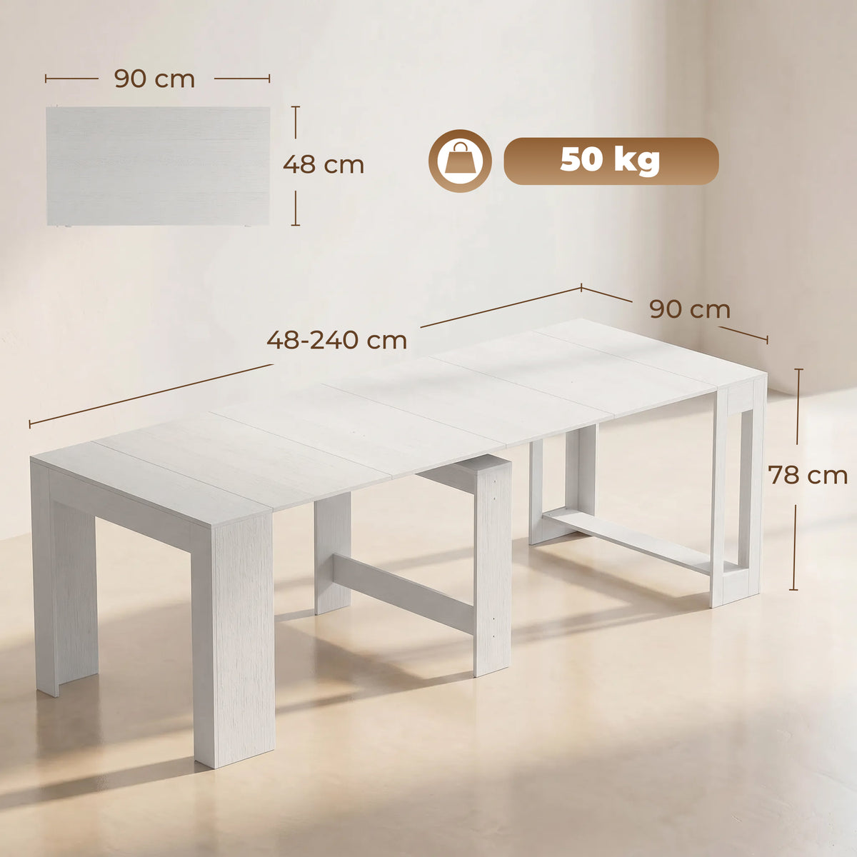 Mesa Extensível Conversível em Consola para 10 Pessoas 240x90x78 cm Branco — foto 2
