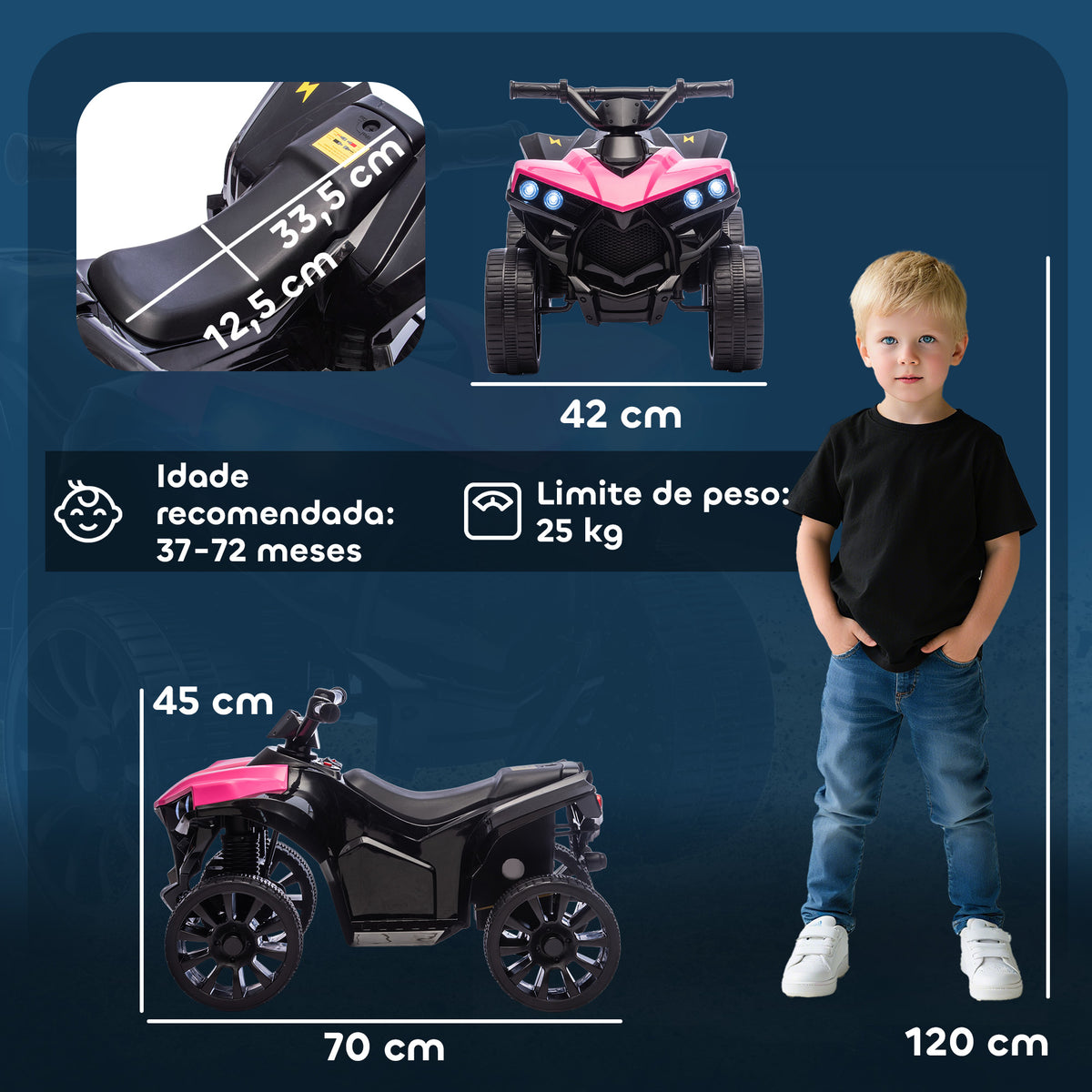 Quadriciclo Elétrico para Crianças 6 V Quadriciclo para Crianças de 3-8 Anos com Velocidade até 3 km/h Faróis e Música 70x42x45 cm Rosa — foto 3