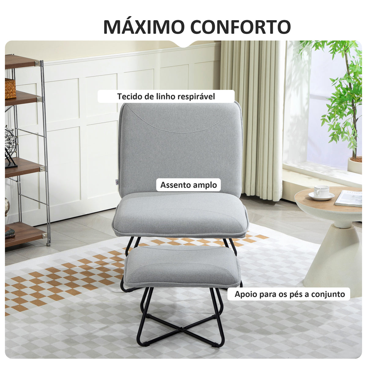 Poltrona Sala de Estar com Apoio para os Pés Poltrona Relax sem Apoio para os Braços com Pés de Aço em Forma de Cruz para Sala de Estar Dormitório Cinza Claro — foto 4