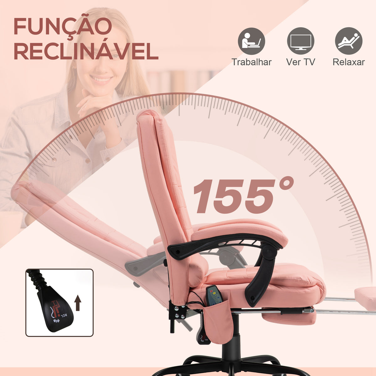 Cadeira de Massagem com 7 Pontos de Massagem Cadeira de Escritório Reclinável com Altura Ajustável Apoio para os Pés e Controlo Remoto 67x67x111-121 cm Rosa — foto 5