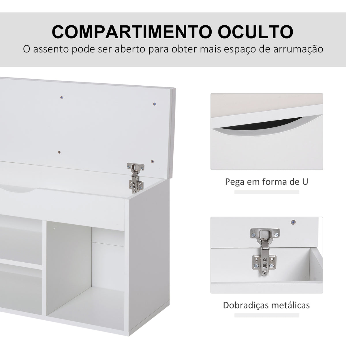 Banco Sapateira com Armazenamento Gaveta Prateleira e Assento Acolchoado para Entrada Estilo Moderno 80x30x47cm Branco — foto 4