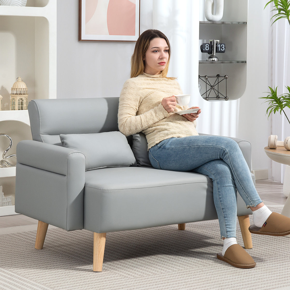 Sofá de 2 Lugares Estofado em Couro Sintético Sofá de Sala de Estar de 117 cm com Braços Acolchoados e Pernas de Madeira para Quarto Sala de Estar 117x78x78 cm Cinza — foto 2