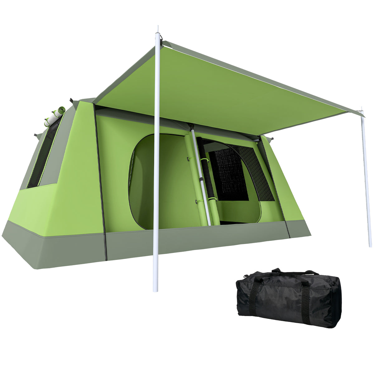 Tenda de Campismo Familiar para 4 Pessoas Tenda de Campismo Portátil Impermeável com Bolsa de Transporte Rede Mosquiteira e Proteção Solar 410x-310x225cm Verde — foto 1