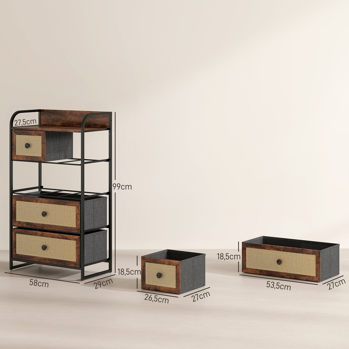 Cómoda de Tecido Cómoda para Dormitório com 5 Gavetas com Frente em Vime Prateleira e Estrutura em Aço para Sala de Estar 58x29x99 cm Marrom Rústico — foto 3